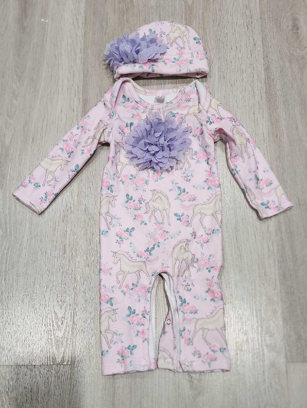 Baby Essentials Pink Floral Unicorn Romper with Lilac Accents 9 Months